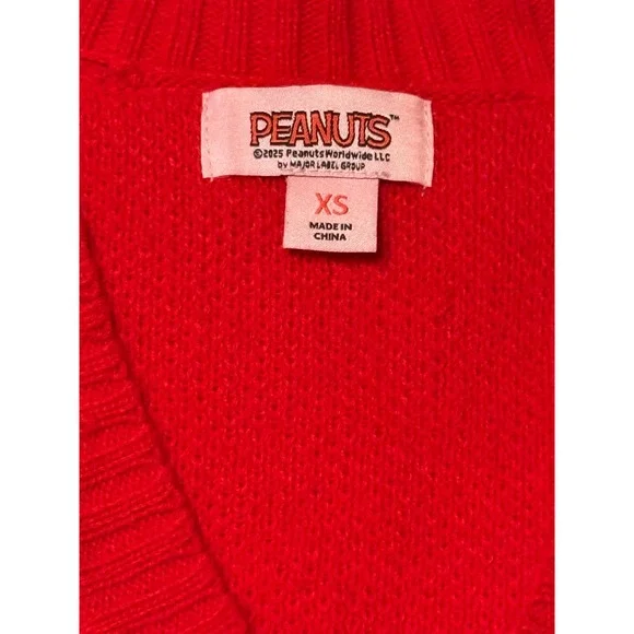 Peanuts Snoopy Red Pink Checkered Heart Cardigan Sweater Womens XS Valentine Day - Picture 2 of 3